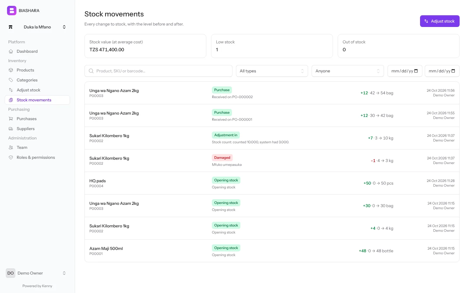 The BIASHARA stock movements screen showing stock value, low-stock count and a list of stock changes with quantities before and after.